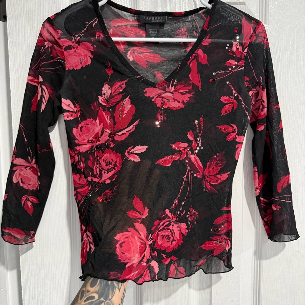 Y2k Express Sheer Mesh Goth floral top with rhinestones ❤️🖤